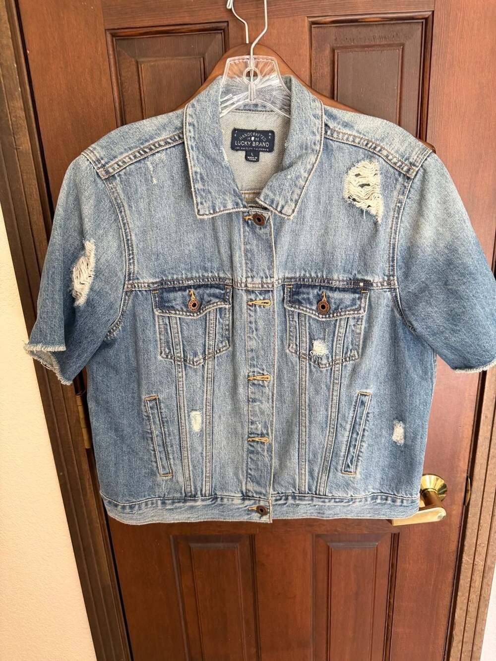 Lucky Brand Distressed Short Sleeve Denim Trucker Jacket Size L